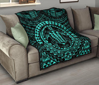 Hawaiian Kakau Honu Arc Turquoise Polynesian Premium Quilt - Polynesian Pride
