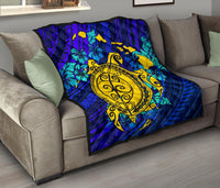 Hawaii Polynesian Premium Quilt - Hawaii Yellow Turtle Map & Torquoise Hibiscus Blue - Polynesian Pride
