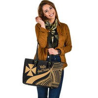 Wallis And Futuna Large Leather Tote Bag - Gold Polynesian Tentacle Tribal Pattern - Polynesian Pride