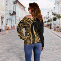 New Caledonia Women's Off Shoulder Sweater - Gold Polynesian Tentacle Tribal Pattern - Polynesian Pride