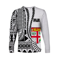 (Custom Personalised) Fiji Long Sleeve Shirt Masi Tapa Patterns White Style LT6 Unisex White - Polynesian Pride