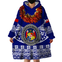 (Custom Personalised) Tonga Emancipation Day Wearable Blanket Hoodie Independence Day - Fancy Kahoa Heilala Flower - Blue LT8 - Polynesian Pride