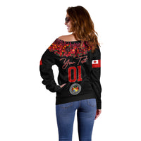 (Custom Personalised) Tonga Emancipation Day Off Shoulder Sweater Independence Day - Unique Kahoa Heilala Flower - Black LT8 - Polynesian Pride