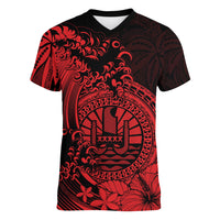 Polynesian Tahiti Island Women V Neck T Shirt The Wave of Water - Red LT9 - Polynesian Pride