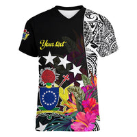 (Custom Personalised) Cook Island Women V Neck T Shirt Tribal Polynesian and Tropical Flowers LT9 - Polynesian Pride