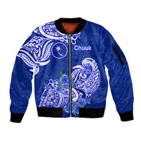 FSM Chuuk State Sleeve Zip Bomber Jacket Polynesian Floral Tribal LT9 Unisex Blue - Polynesian Pride