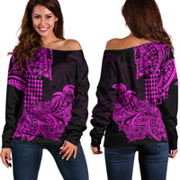 Hawaii Kakau Off Shoulder Sweater Polynesian Floral Tribal Purple Version LT9 Women Purple - Polynesian Pride