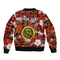 (Custom Personalised) Hawaii State Sleeve Zip Bomber Jacket Tropical Flowers Mix Tartan Red Version LT14 - Polynesian Pride