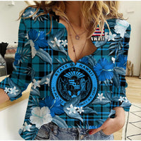 Hawaii State Women Casual Shirt Tropical Flowers Mix Tartan Blue Version LT14 Female Blue - Polynesian Pride