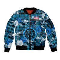 (Custom Personalised) Hawaii State Sleeve Zip Bomber Jacket Tropical Flowers Mix Tartan Blue Version LT14 Unisex Blue - Polynesian Pride