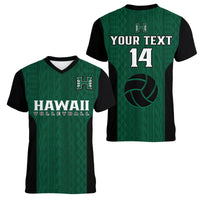 (Custom Text And Number) Hawaii Volleyball Women V Neck T Shirt Hawaiian Kakau Green Style LT14 Female Green - Polynesian Pride
