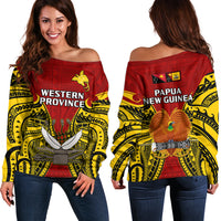 Papua New Guinea Off Shoulder Sweater Western Province Mix Coat Of Arms Polynesian Art LT14 Women Red - Polynesian Pride