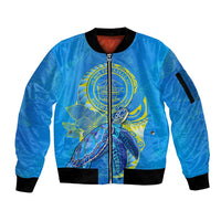 (Custom Personalised) Palau Sleeve Zip Bomber Jacket Hibiscus Turtle Mix Coat Of Arms Blue Version LT14 Unisex Blue - Polynesian Pride