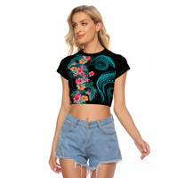 Palau Raglan Cropped T Shirt Tropical Flowers With Polynesian Pattern LT14 Female Black - Polynesian Pride