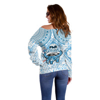 Fiji Tanoa Off Shoulder Sweater Kava Bowl Fijian Tapa Blue Pattern LT14 - Polynesian Pride