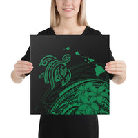 Hawaii Turtle Polynesian Map Plumeria Green Canvas 16x16 Canvas Green - Polynesian Pride