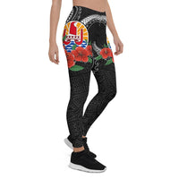 Tahiti Polynesian Leggings - Hibiscus Coat of Arm Black - Polynesian Pride
