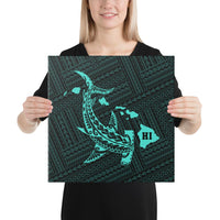Hawaiian Map Hammerhead Shark Polynesian Canvas Turquoise 16x16 Canvas Turquoise - Polynesian Pride