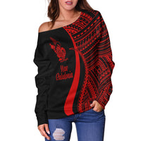 New Caledonia Women's Off Shoulder Sweater - Red Polynesian Tentacle Tribal Pattern - Polynesian Pride