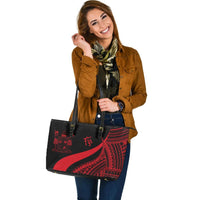 Fiji Large Leather Tote Bag - Red Polynesian Tentacle Tribal Pattern Crest - Polynesian Pride
