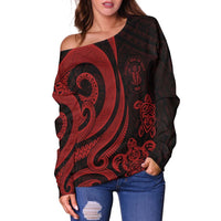 Niue Women's Off Shoulder Sweater - Red Tentacle Turtle - Polynesian Pride