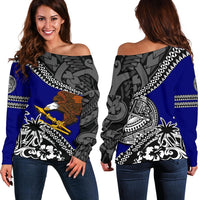 American Samoa Off Shoulder Sweater Fall In The Wave Blue - Polynesian Pride