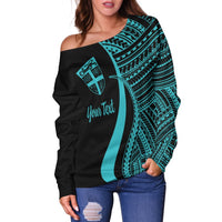 Fiji Custom Personalised Women's Off Shoulder Sweater - Turquoise Polynesian Tentacle Tribal Pattern - Polynesian Pride