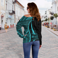 Fiji Women's Off Shoulder Sweater - Turquoise Polynesian Tentacle Tribal Pattern Crest - Polynesian Pride