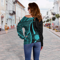 Northern Mariana Islands Women's Off Shoulder Sweater - Turquoise Polynesian Tentacle Tribal Pattern - Polynesian Pride
