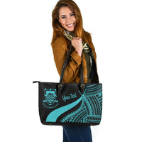 Tuvalu Custom Personalised Large Leather Tote Bag - Turquoise Polynesian Tentacle Tribal Pattern - Polynesian Pride
