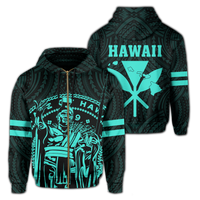Polynesian King Kanaka Map Seal of Hawaii Zip Hoodie Turquoise Unisex Turquoise - Polynesian Pride