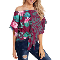 Hawaii Hibiscus Tropical Polynesian Women's Off Shoulder Wrap Waist Top - Melio Style - AH Female Pink - Polynesian Pride