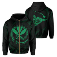 Polynesian Kanaka Shaka Map of Hawaii Zip Hoodie Green Unisex Green - Polynesian Pride