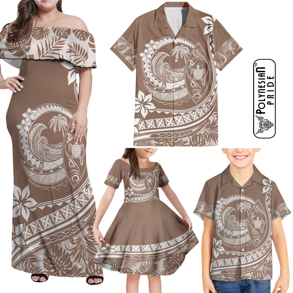 Hawaii Family Matching Outfits Polynesian Plumeria Off Shoulder Maxi Dress And Shirt Family Set Clothes Ride The Waves - Beige LT7 Beige - Polynesian Pride