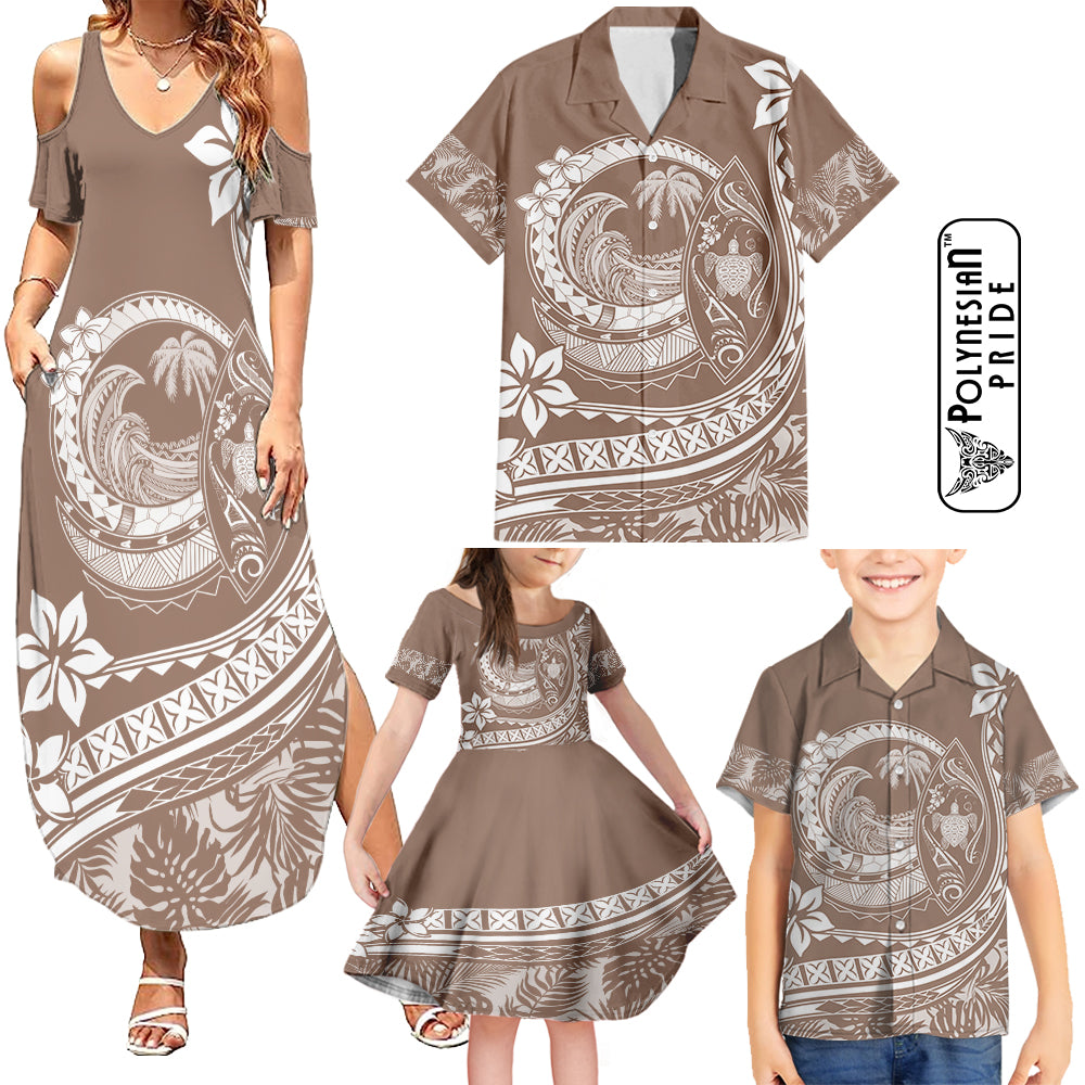 Hawaii Family Matching Outfits Polynesian Plumeria Summer Maxi Dress And Shirt Family Set Clothes Ride The Waves - Beige LT7 Beige - Polynesian Pride