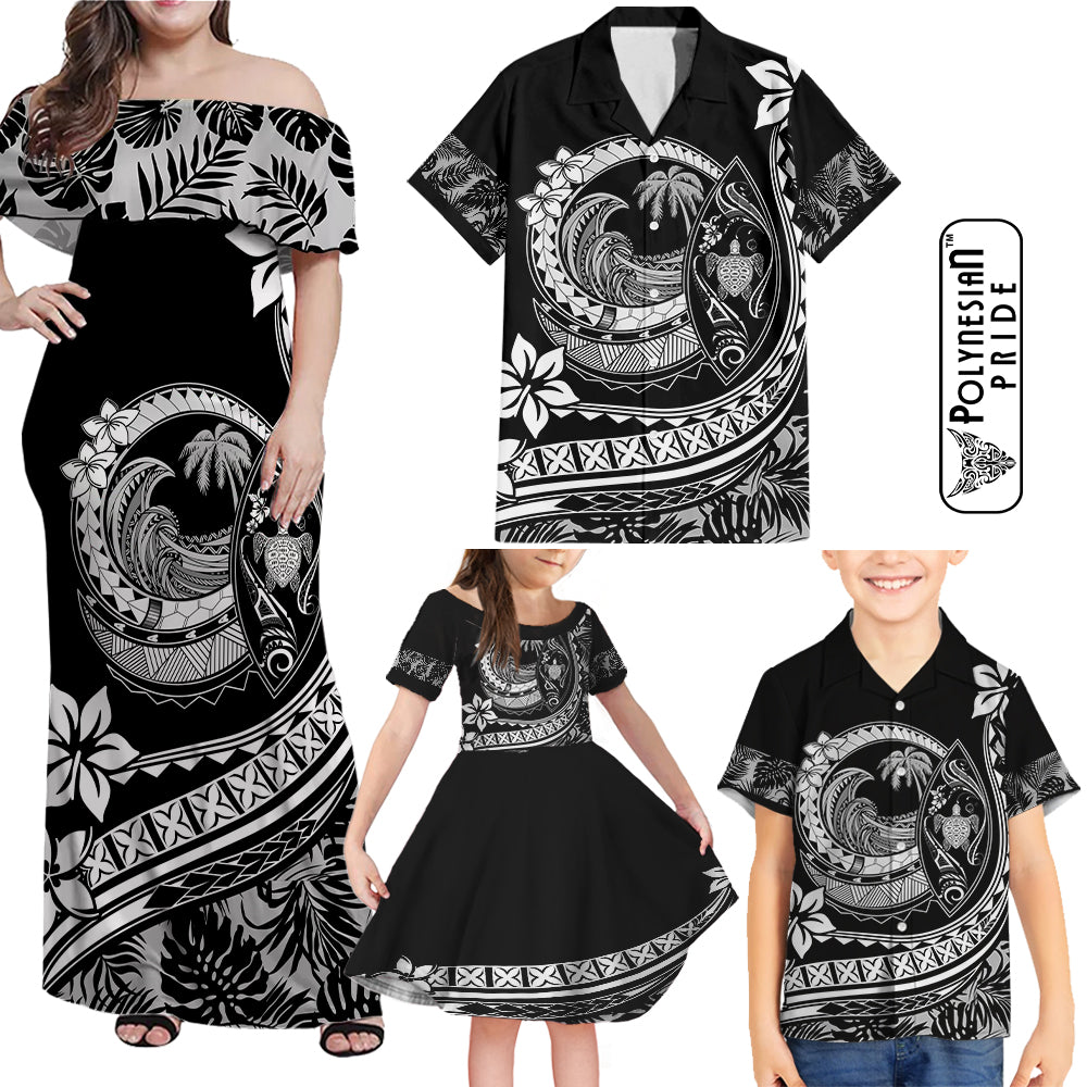 Hawaii Family Matching Outfits Polynesian Plumeria Off Shoulder Maxi Dress And Shirt Family Set Clothes Ride The Waves - Black LT7 Black - Polynesian Pride