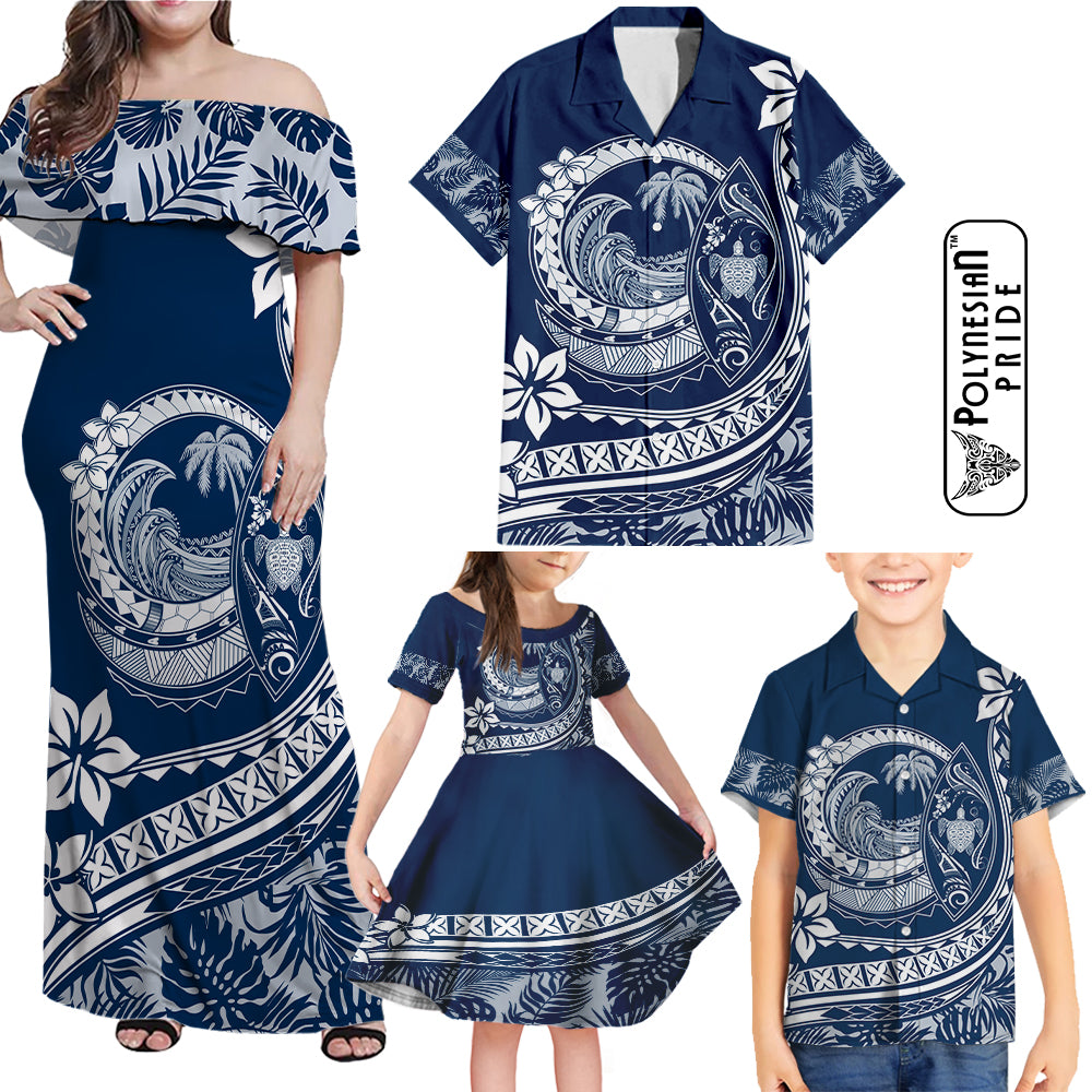 Hawaii Family Matching Outfits Polynesian Plumeria Off Shoulder Maxi Dress And Shirt Family Set Clothes Ride The Waves - Blue LT7 Blue - Polynesian Pride