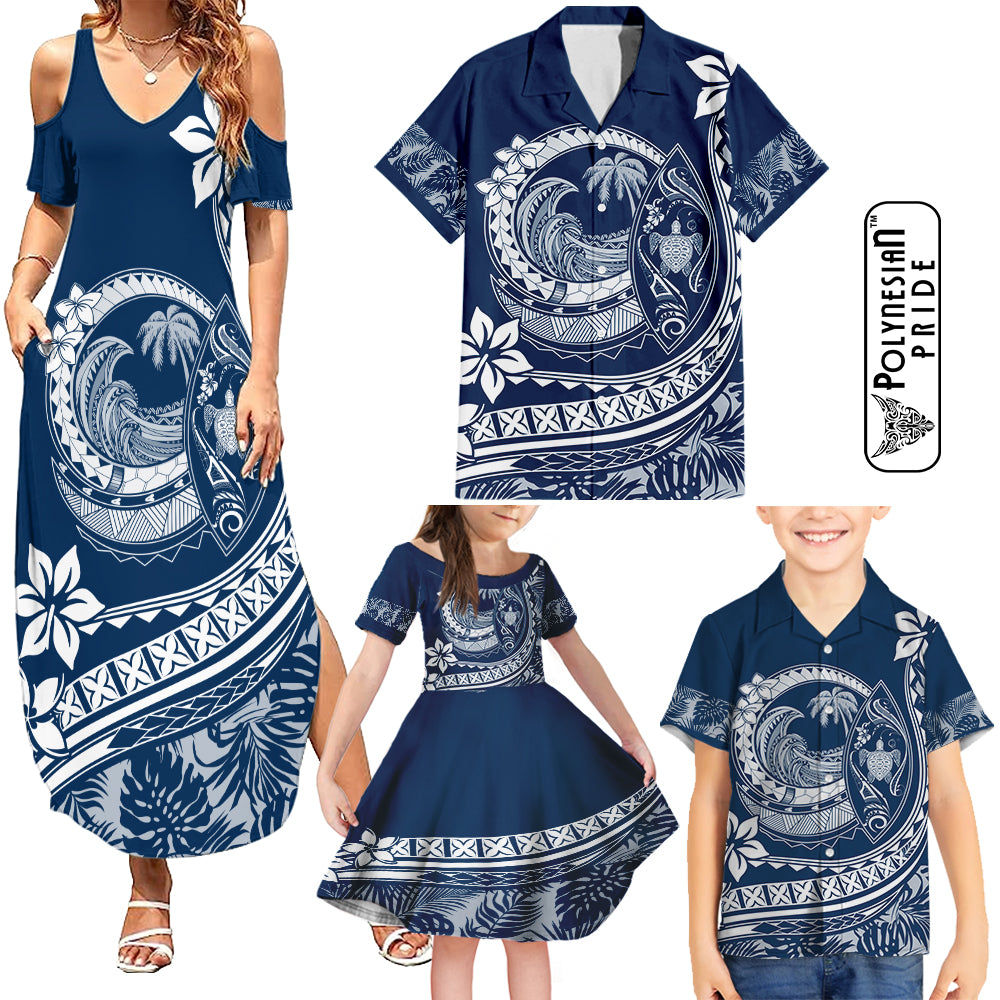 Hawaii Family Matching Outfits Polynesian Plumeria Summer Maxi Dress And Shirt Family Set Clothes Ride The Waves - Blue LT7 Blue - Polynesian Pride