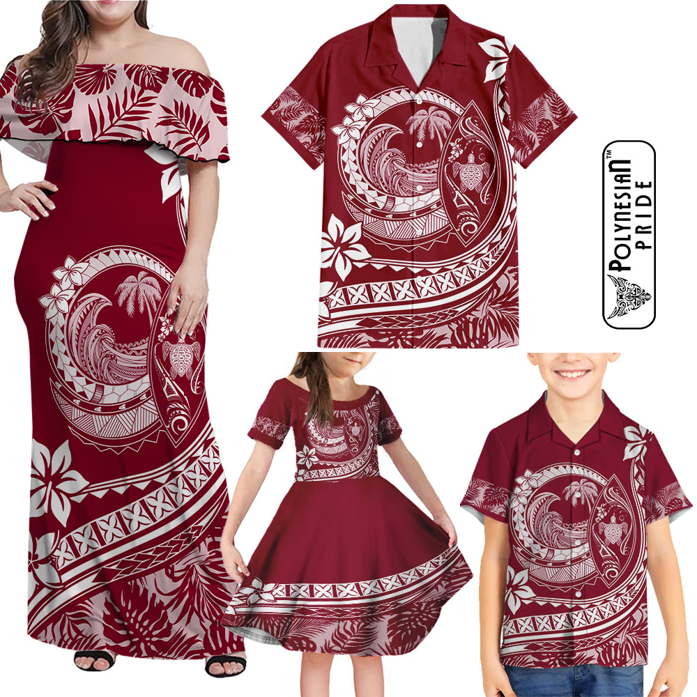 Hawaii Family Matching Outfits Polynesian Plumeria Off Shoulder Maxi Dress And Shirt Family Set Clothes Ride The Waves - Red LT7 Red - Polynesian Pride