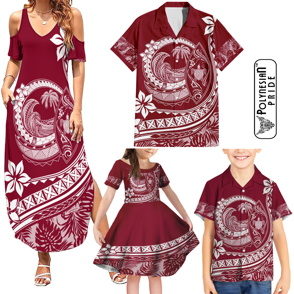 Hawaii Family Matching Outfits Polynesian Plumeria Summer Maxi Dress And Shirt Family Set Clothes Ride The Waves - Red LT7 Red - Polynesian Pride