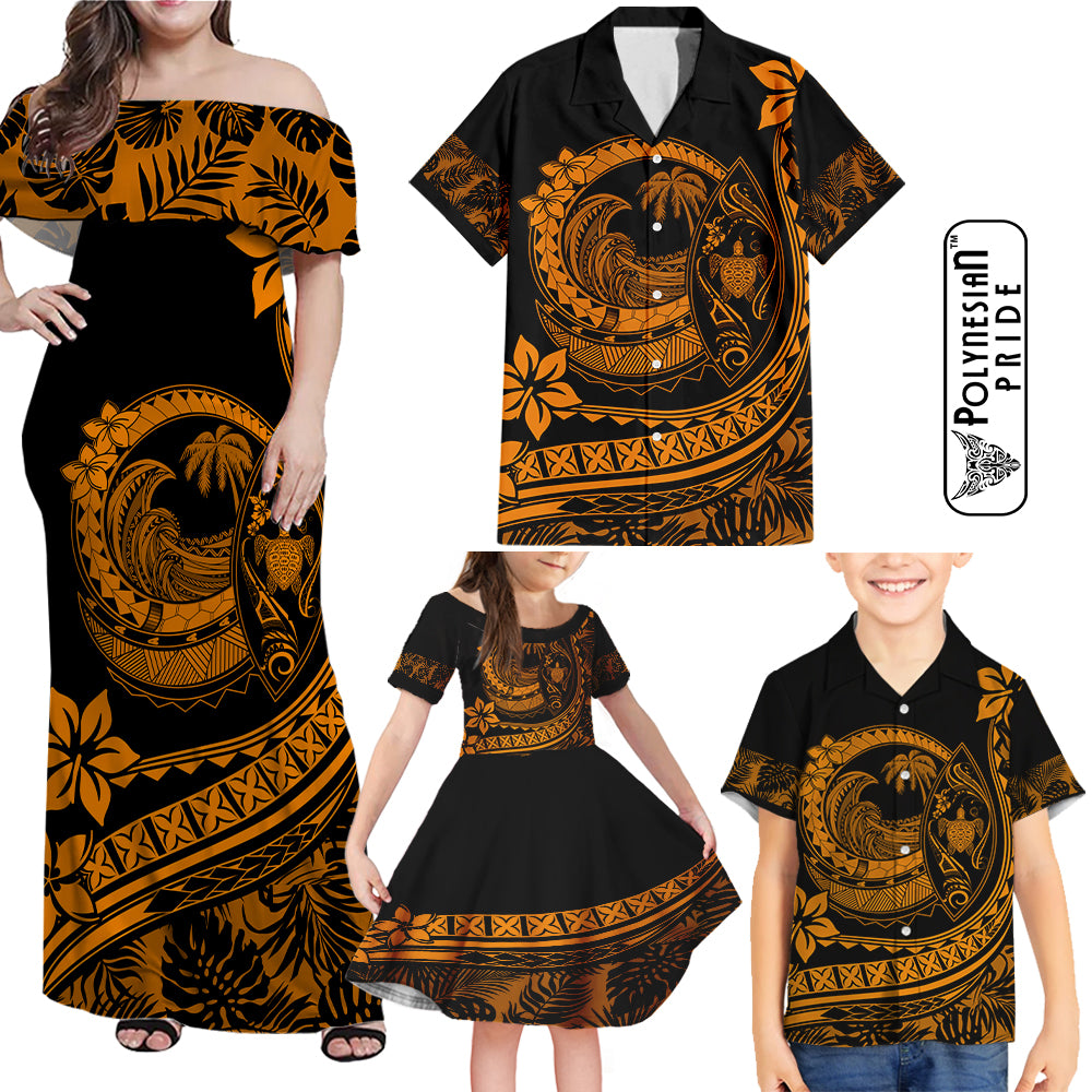 Hawaii Family Matching Outfits Polynesian Plumeria Off Shoulder Maxi Dress And Shirt Family Set Clothes Ride The Waves - Orange LT7 Orange - Polynesian Pride