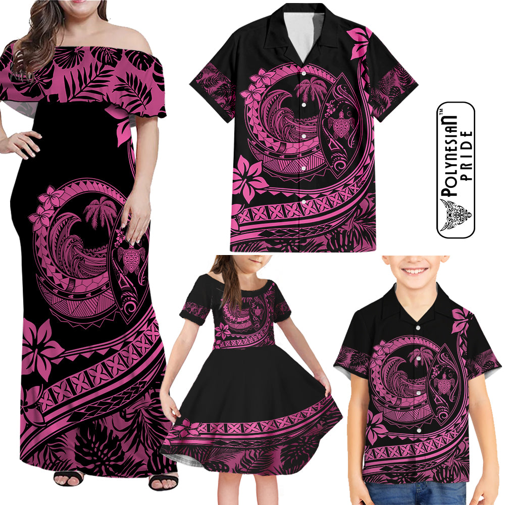 Hawaii Family Matching Outfits Polynesian Plumeria Off Shoulder Maxi Dress And Shirt Family Set Clothes Ride The Waves - Pink LT7 Pink - Polynesian Pride