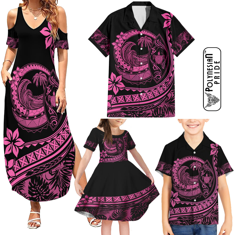 Hawaii Family Matching Outfits Polynesian Plumeria Summer Maxi Dress And Shirt Family Set Clothes Ride The Waves - Pink LT7 Pink - Polynesian Pride