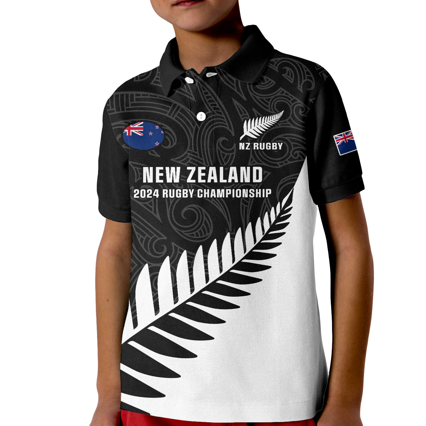 New Zealand Silver Fern Rugby Kid Polo Shirt All Black 2023 Go Champions Maori Pattern LT14