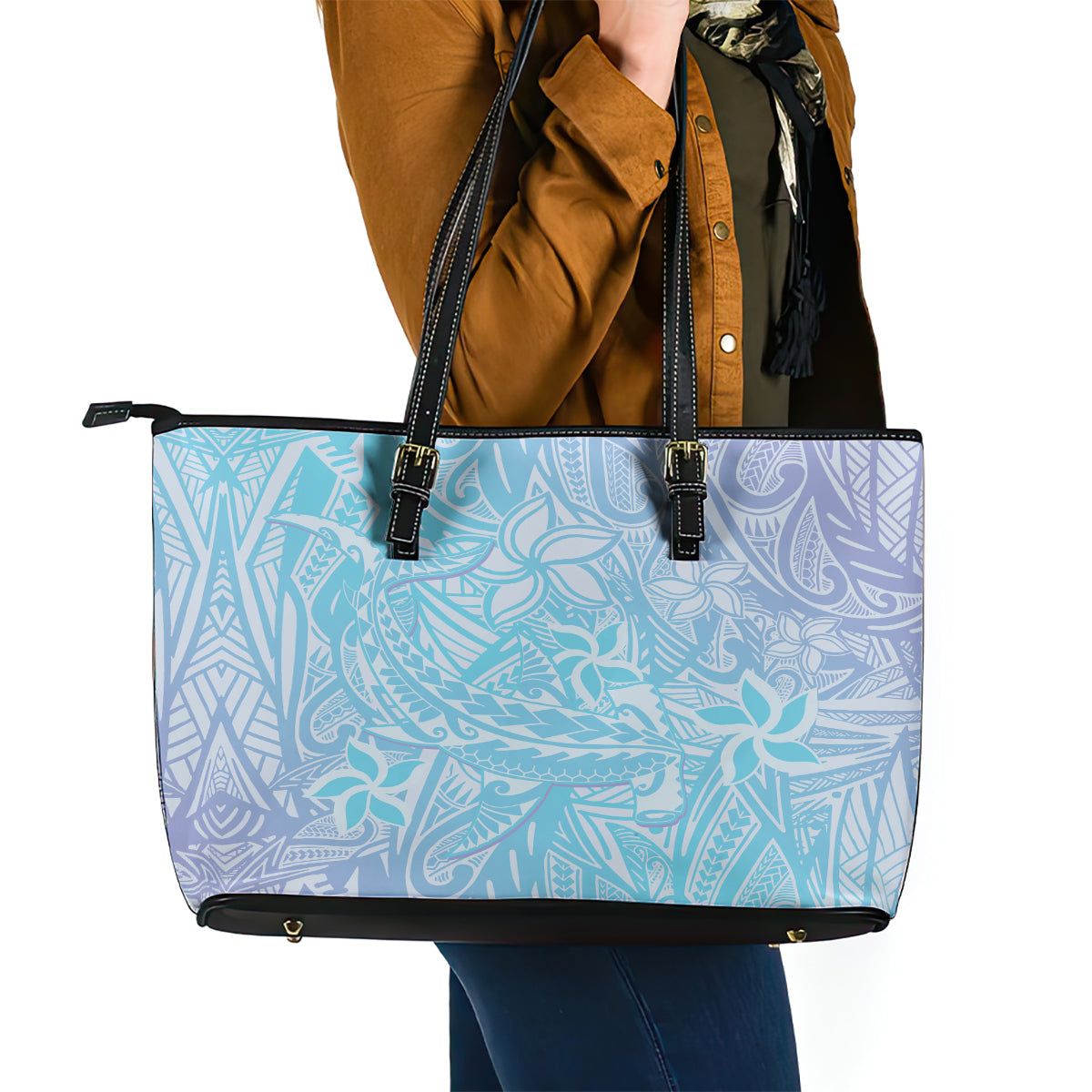 Baby Blue Gradient Polynesia Leather Tote Bag Hawaiian Tribal Hammerhead Shark Tattoo LT14 - Polynesian Pride