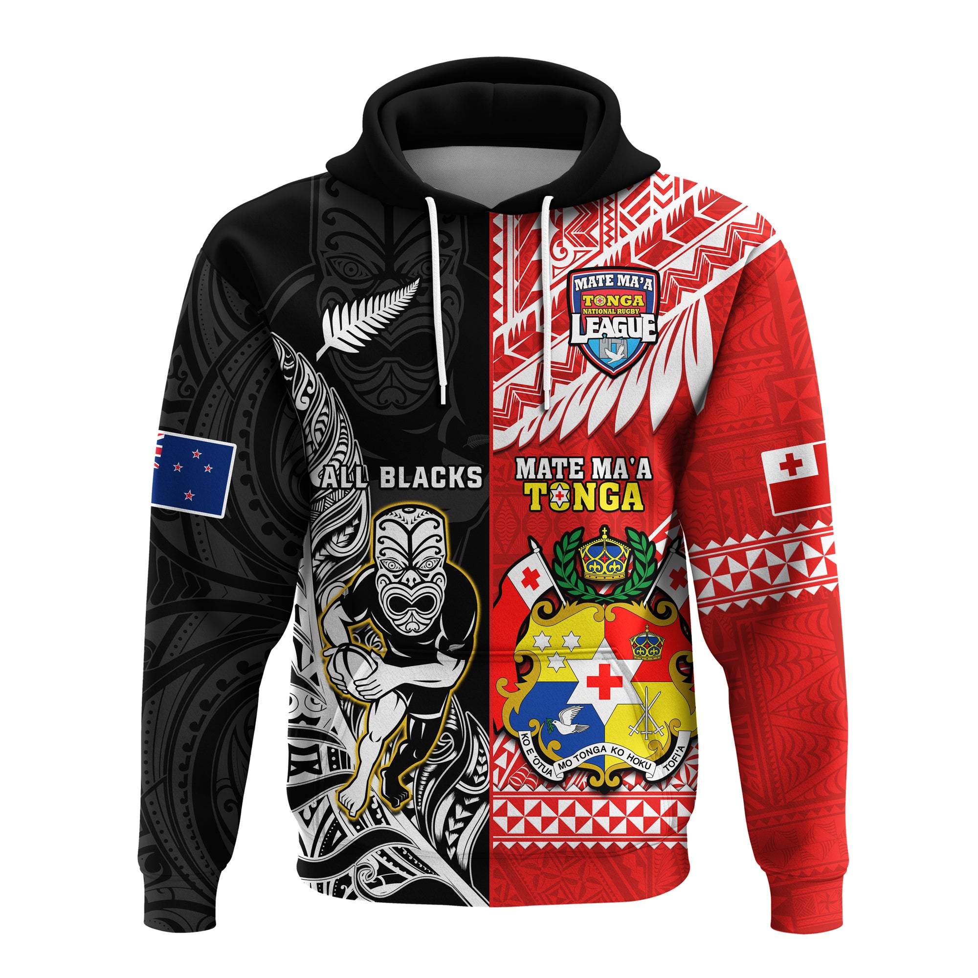 Custom Mate Maa Tonga and All Black Rugby Hoodie Polynesian Mix NZ Maori Fern LT14 Red - Polynesian Pride