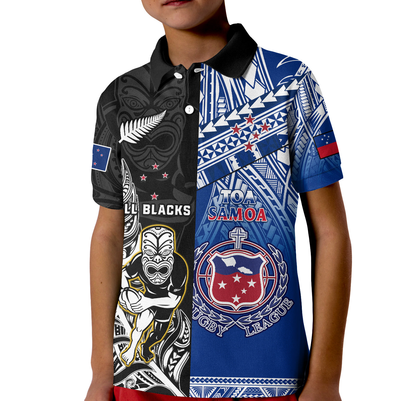 (Custom Personalised) All Black And Toa Samoa Rugby Polo Shirt KID NZ Maori Fern Mix Polynesian LT14 Kid Blue - Polynesian Pride