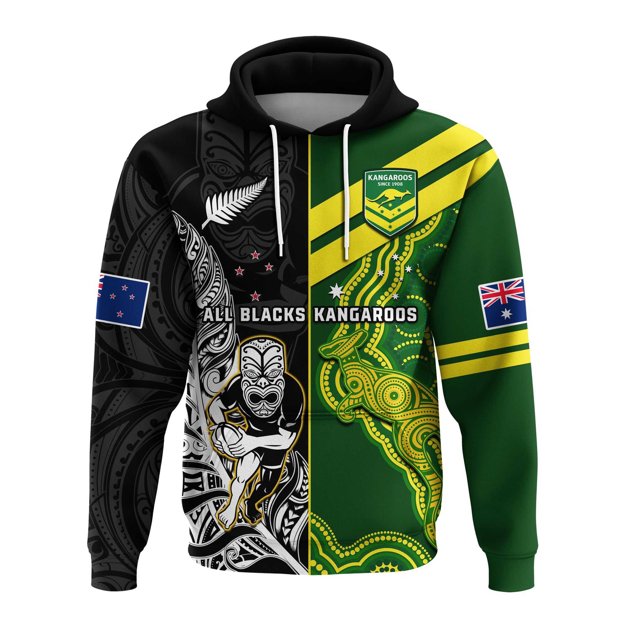 Custom Australia Kangaroos and All Black Rugby Hoodie Aboriginal Mix NZ Maori Fern LT14 Black - Polynesian Pride