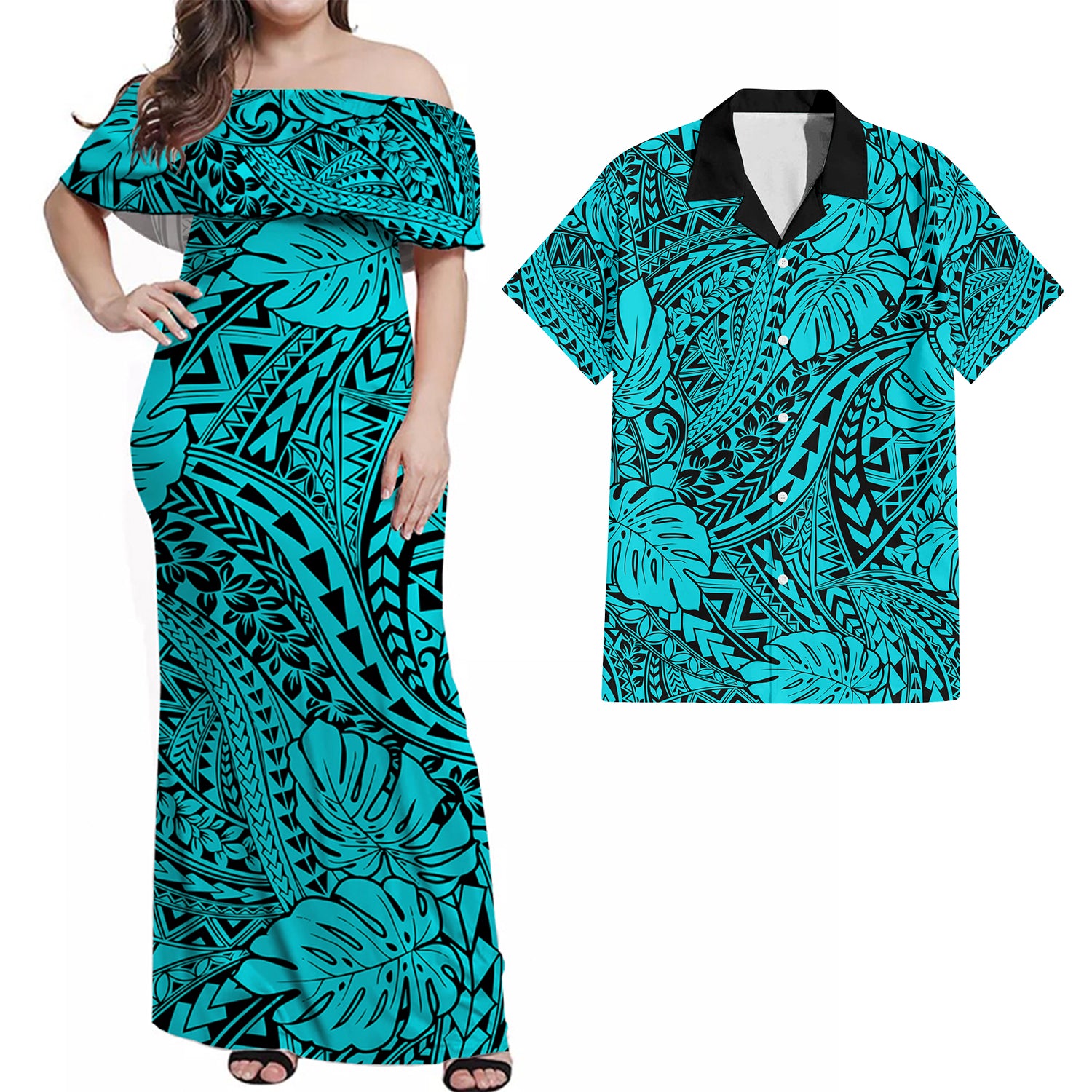 Matching Hawaiian Outfits For Couples Polynesian Tribal Art Turquoise LT14