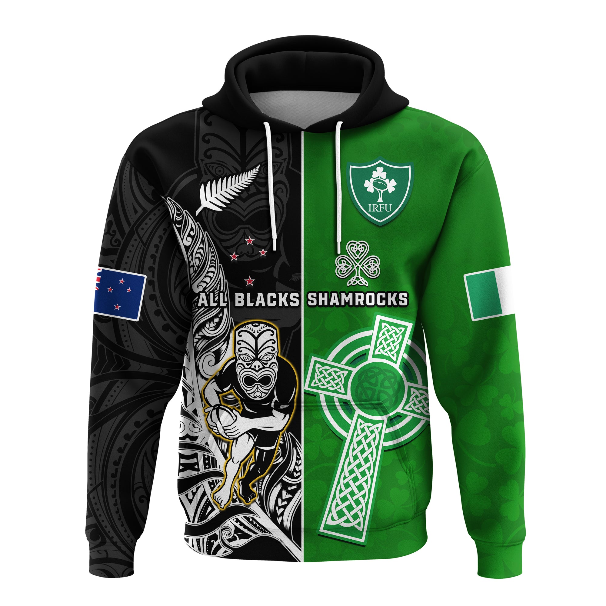 Custom New Zealand and Ireland Rugby Hoodie All Black Maori Mix Shamrocks LT14 Pullover Hoodie Black - Polynesian Pride